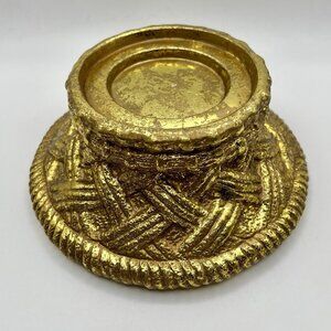 VTG Mid Century Gilded Ceramic Pedestal Stand Basket Weave Rope Display Candle